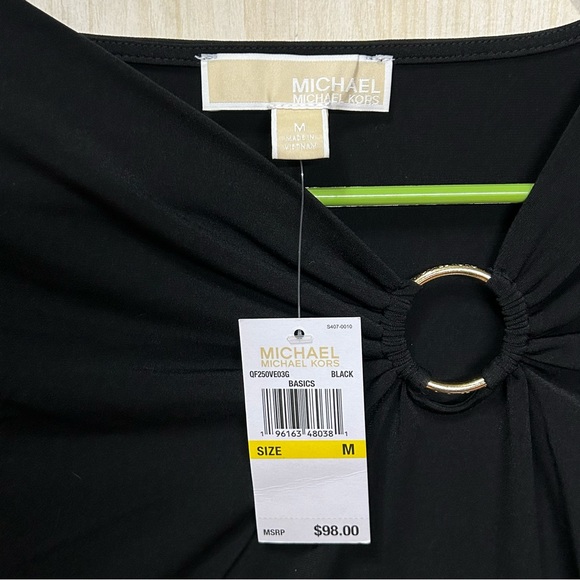 Michael Kors Black Stretch Top Logo Ring At Neckline Long Sleeve NWT Size M - Picture 3 of 12